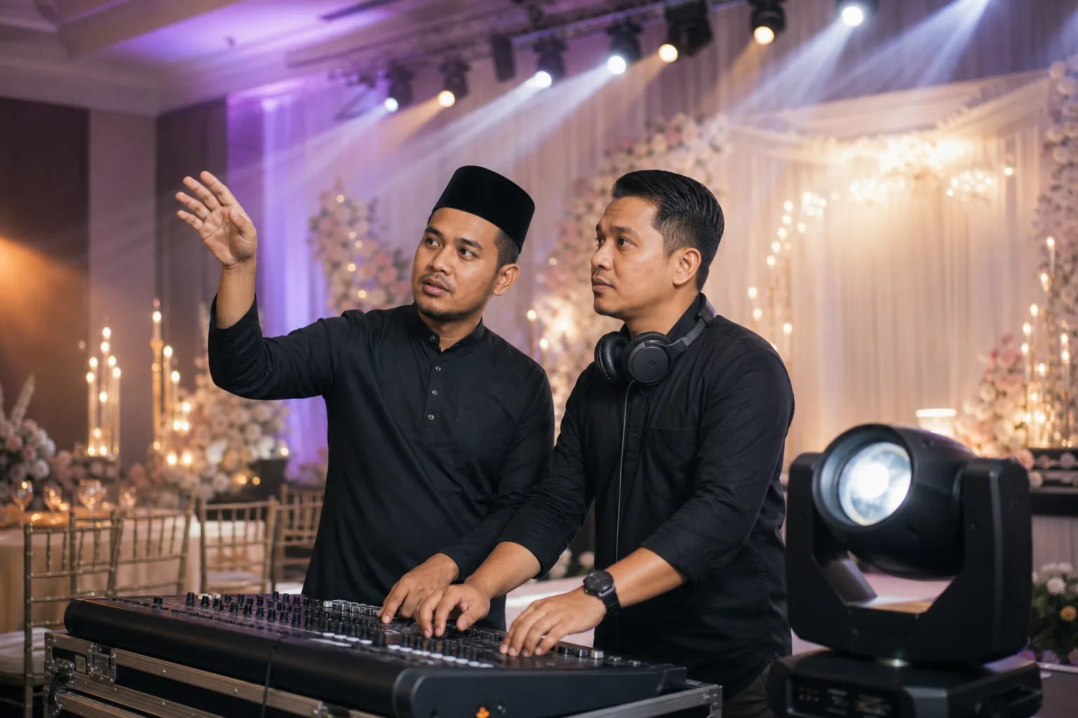 Adegan perancangan acara profesional untuk Perancangan lampu dan efek pentas DJ